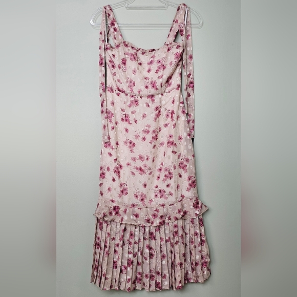 Lulus Terrace Views Taupe/ Pink Floral Print Tiered Midi w Tying Shoulder Straps - Picture 9 of 14